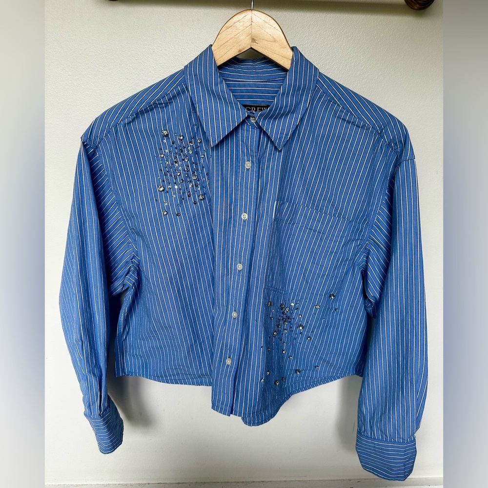 J.Crew women’s Oxford, cotton and blue striped with rhinestone/sequin dertail